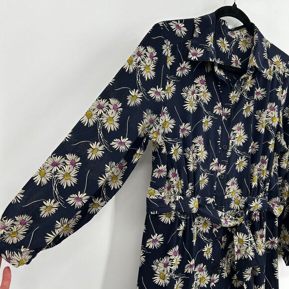 PRADA Navy Blue White 100% Silk Daisy Print Button Up Long Sleeve Mini Dress 8 - Picture 5 of 8